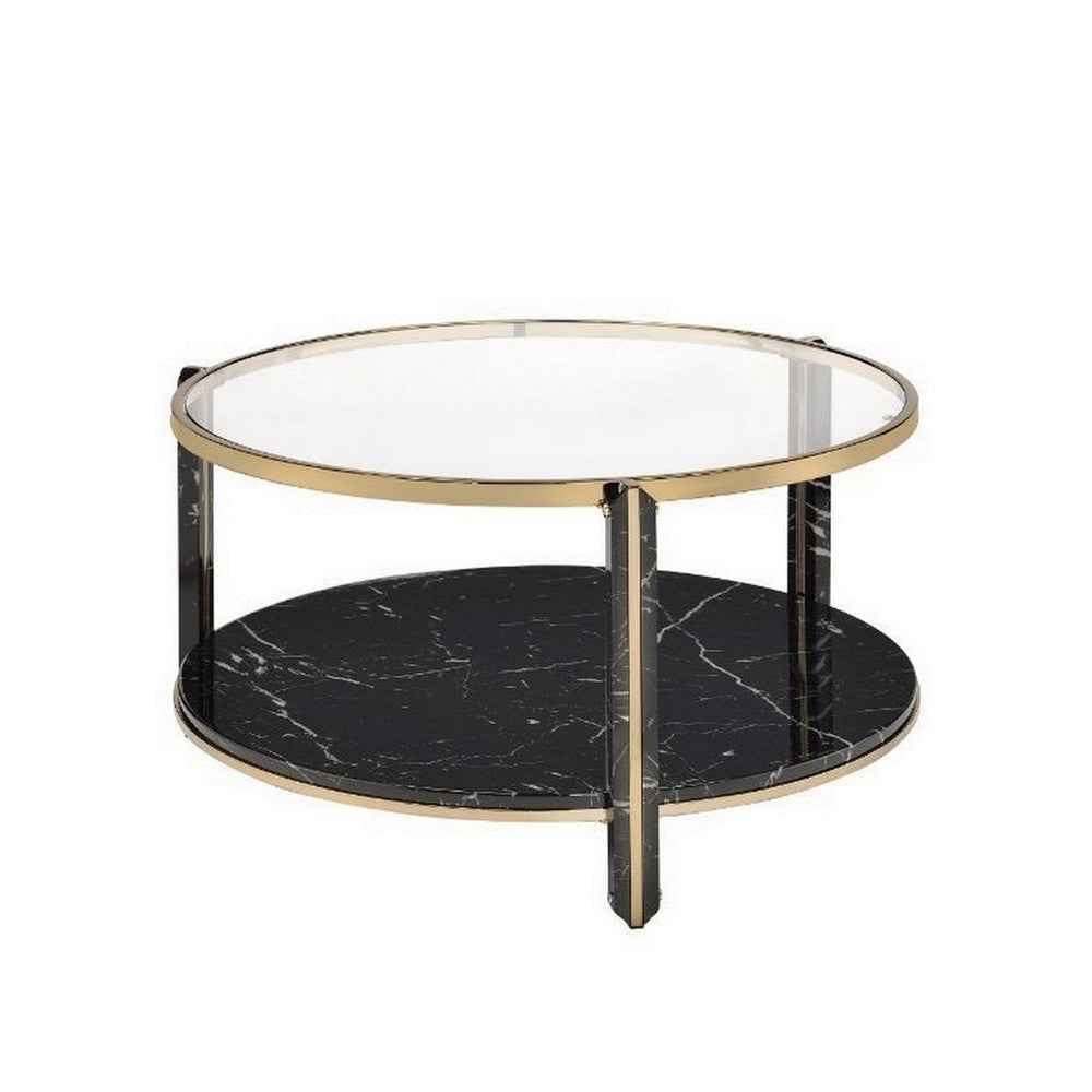 Coffee Table with Glass Top and Faux Marble Shelf Black and Gold By Casagear Home BM250390