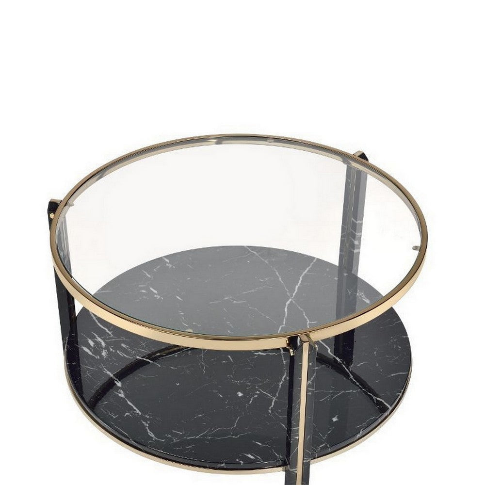 Coffee Table with Glass Top and Faux Marble Shelf Black and Gold By Casagear Home BM250390