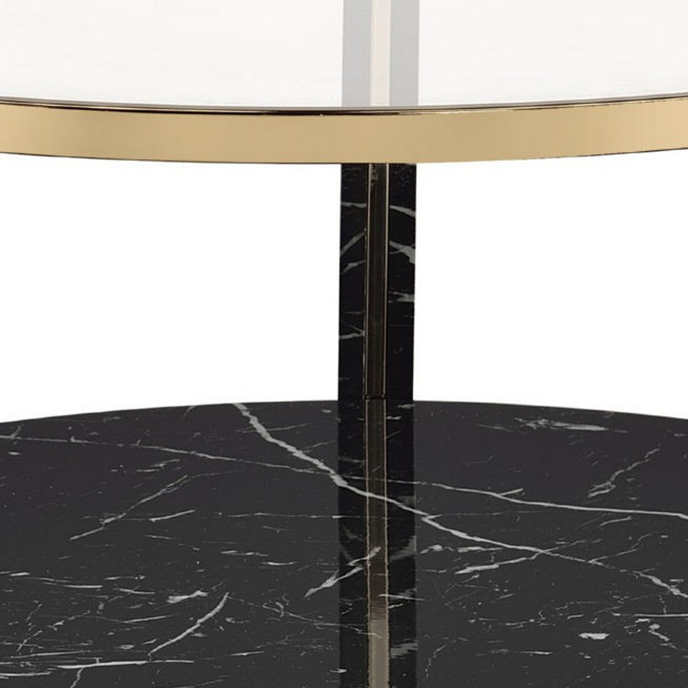 Coffee Table with Glass Top and Faux Marble Shelf Black and Gold By Casagear Home BM250390