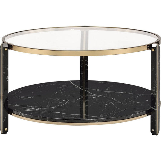 Coffee Table with Glass Top and Faux Marble Shelf, Black and Gold By Casagear Home