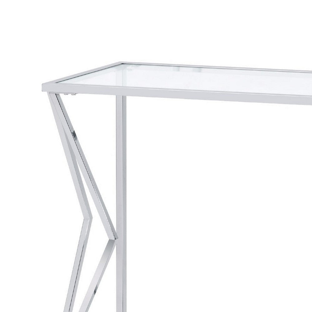 Sofa Table with Glass Top and Bottom Shelf and Geometric Accent Silver By Casagear Home BM250392