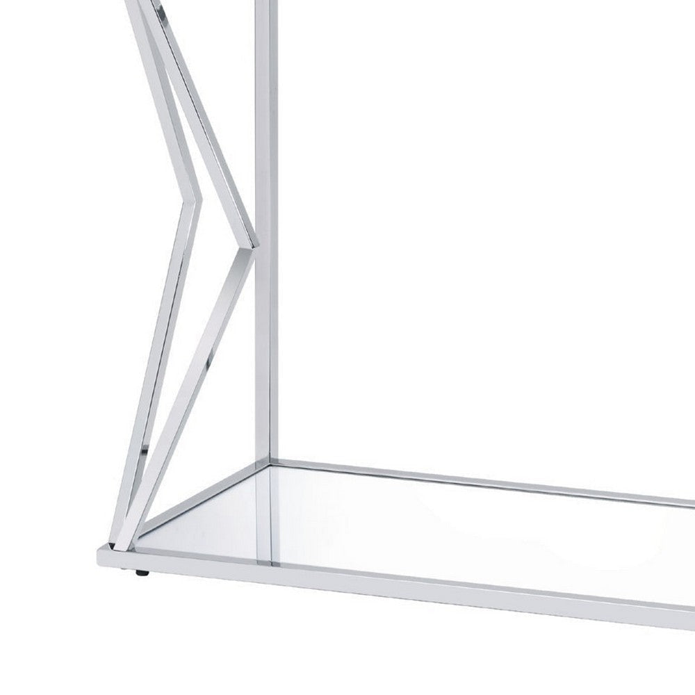 Sofa Table with Glass Top and Bottom Shelf and Geometric Accent Silver By Casagear Home BM250392