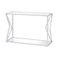 Sofa Table with Glass Top and Bottom Shelf and Geometric Accent, Silver By Casagear Home