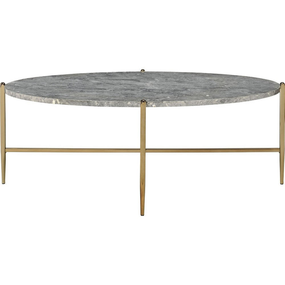 Coffee Table with Oval Marble Top and X Shaped Support Gray and Gold By Casagear Home BM250393