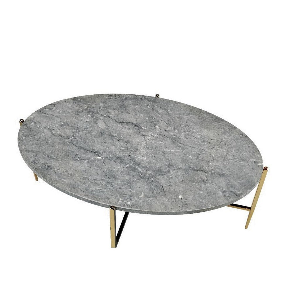 Coffee Table with Oval Marble Top and X Shaped Support Gray and Gold By Casagear Home BM250393