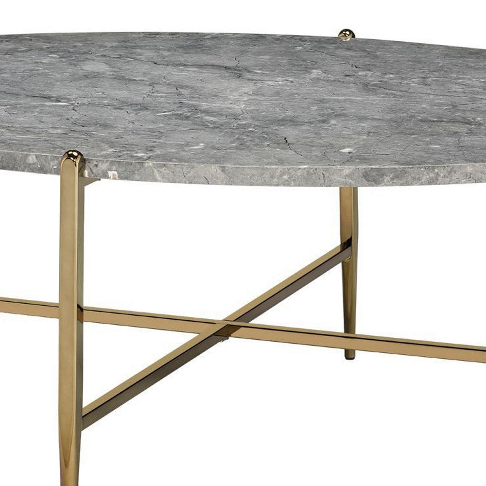 Coffee Table with Oval Marble Top and X Shaped Support Gray and Gold By Casagear Home BM250393