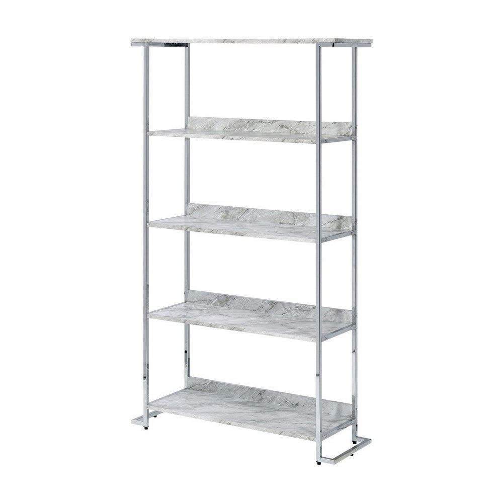 Bookcase with 5 Tier Design and Faux Marble Shelves, Silver By Casagear Home