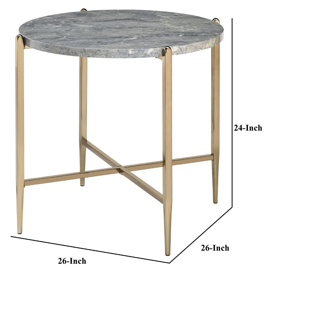 End Table with Oval Marble Top and X Shaped Support Gray and Gold By Casagear Home BM250396