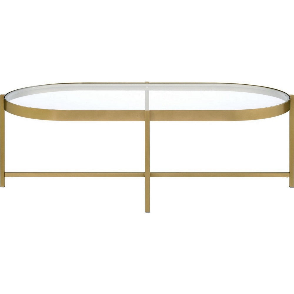 Coffee Table with Oblong Glass Top and Metal Frame Gold By Casagear Home BM250407