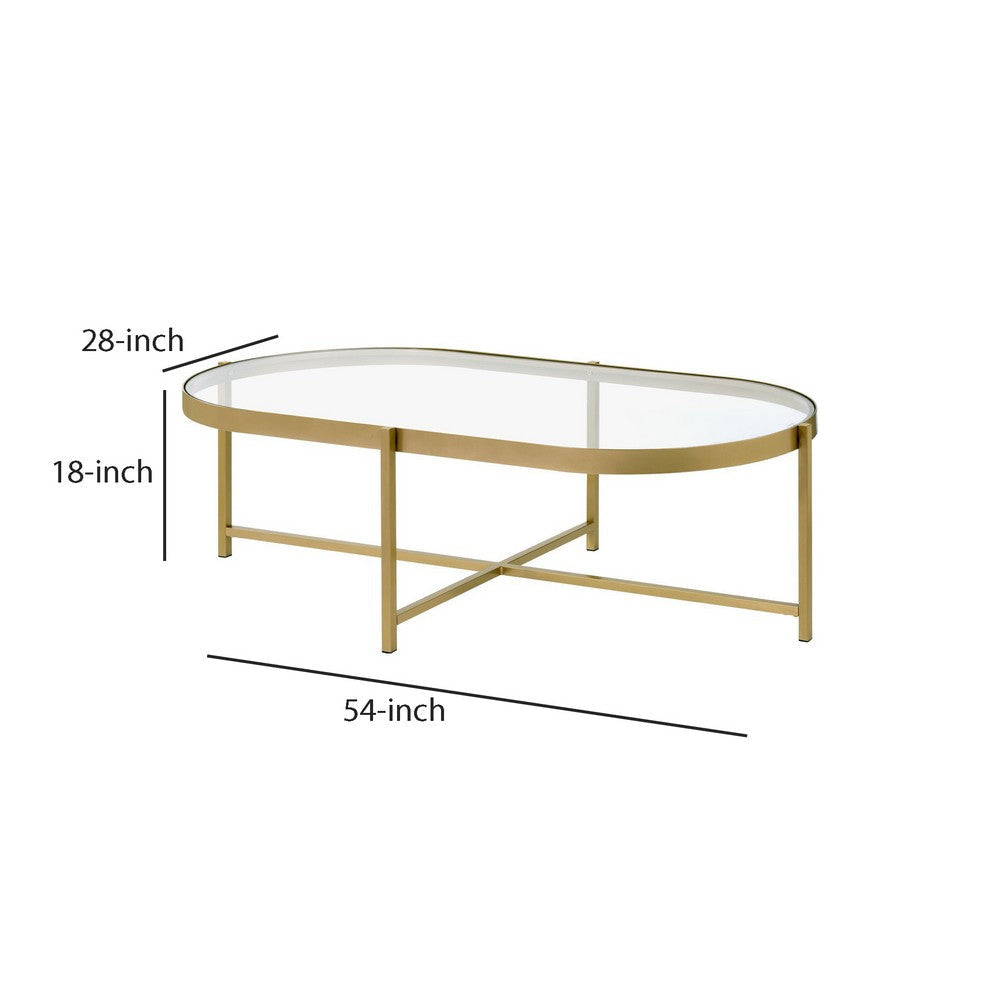 Coffee Table with Oblong Glass Top and Metal Frame Gold By Casagear Home BM250407