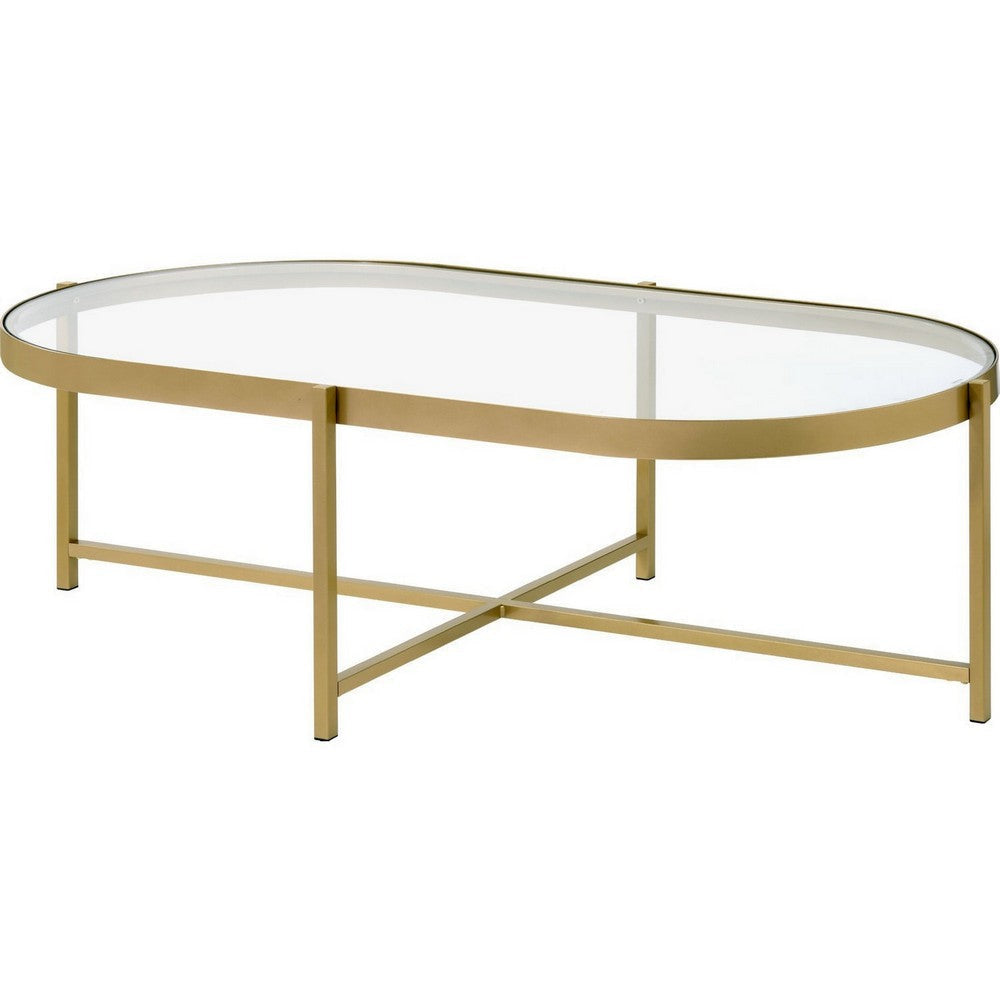 Coffee Table with Oblong Glass Top and Metal Frame, Gold By Casagear Home