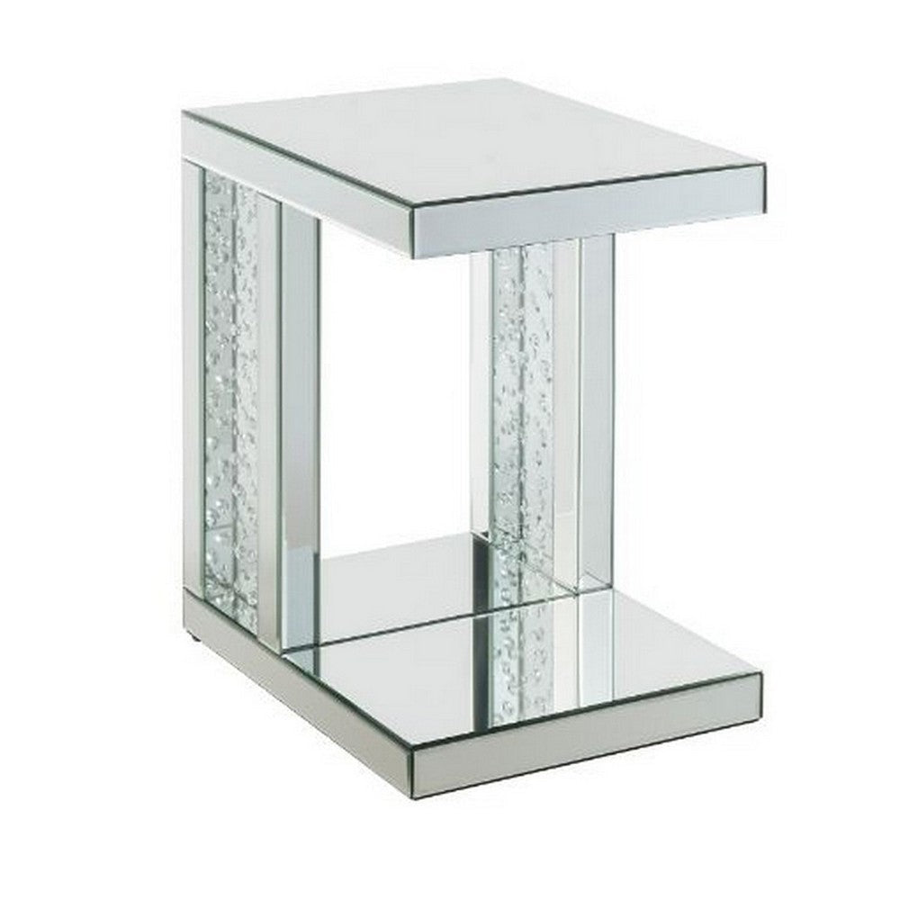 Mirrored Accent Table with C Shape and Faux Crystals, Silver By Casagear Home