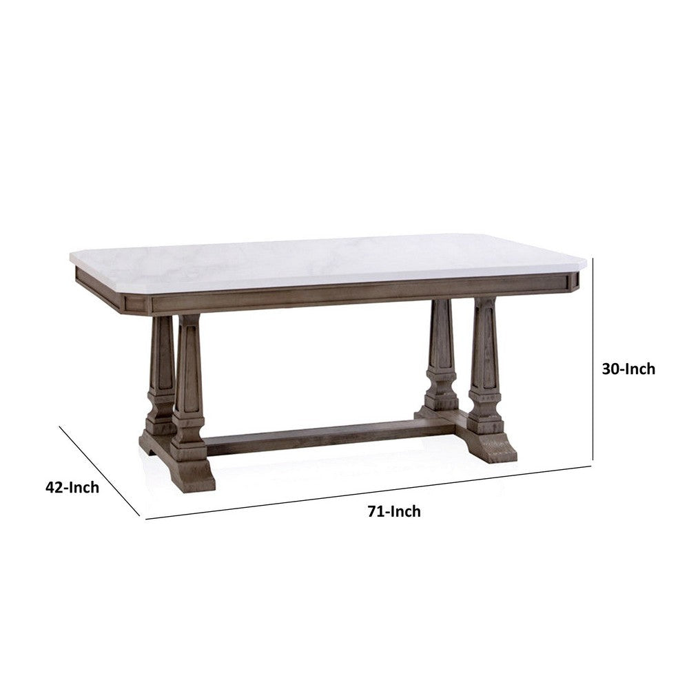 Dining Table with Marble Top and Trestle Base White and Brown By Casagear Home BM250677