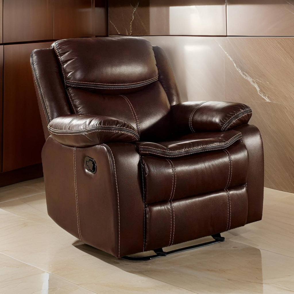 Leatherette Recliner with Contrast Stitching Brown By Casagear Home BM250913