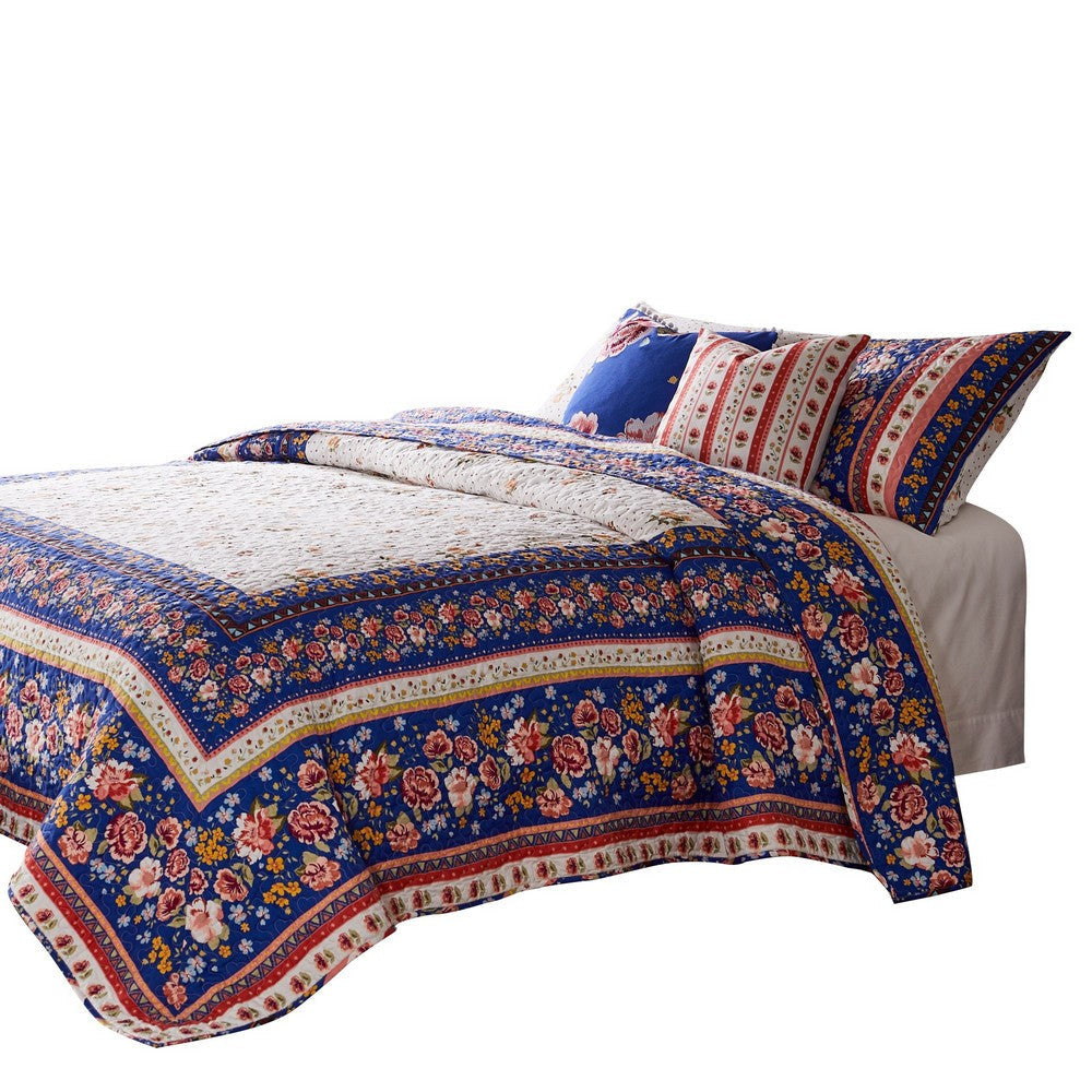 Loir 3 Piece Full Quilt Set with Floral Print Multicolor By Casagear Home BM250979