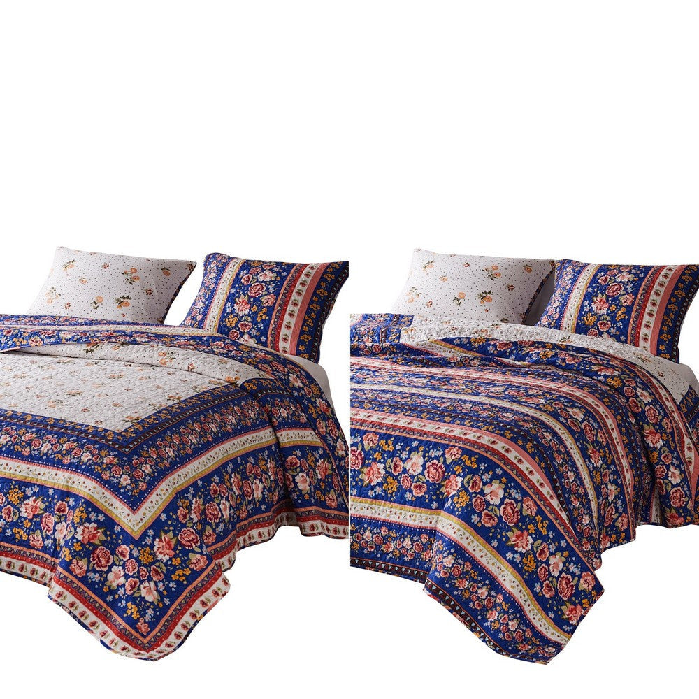 Loir 3 Piece Full Quilt Set with Floral Print, Multicolor By Casagear Home