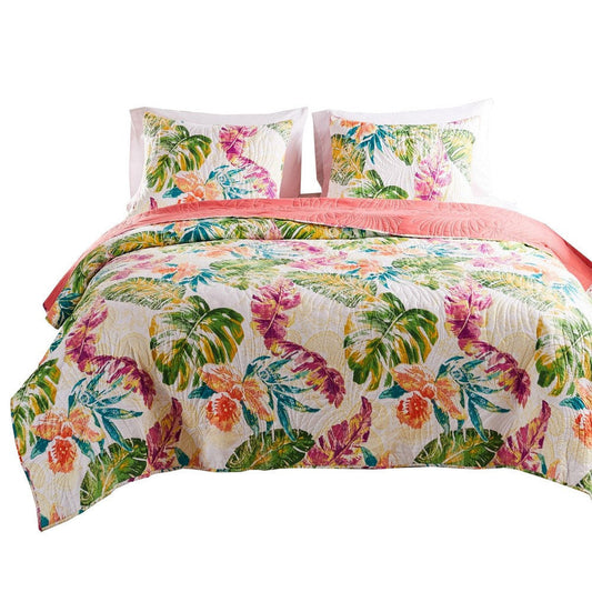 Aulne 3 Piece Full Quilt Set with Leaf Print, Multicolor By Casagear Home