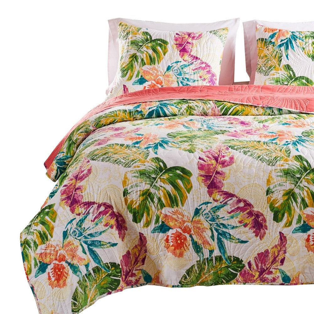 Aulne 3 Piece King Quilt Set with Leaf Print Multicolor By Casagear Home BM251009