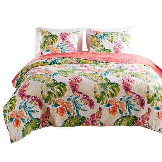 Aulne 3 Piece King Quilt Set with Leaf Print, Multicolor By Casagear Home