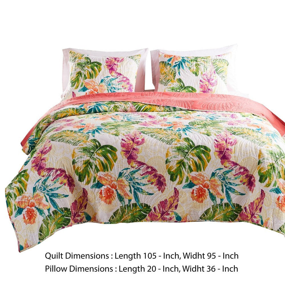 Aulne 3 Piece King Quilt Set with Leaf Print Multicolor By Casagear Home BM251009