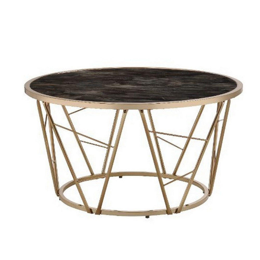 Coffee Table with Glass Top and Geometric Frame, Black and Gold By Casagear Home