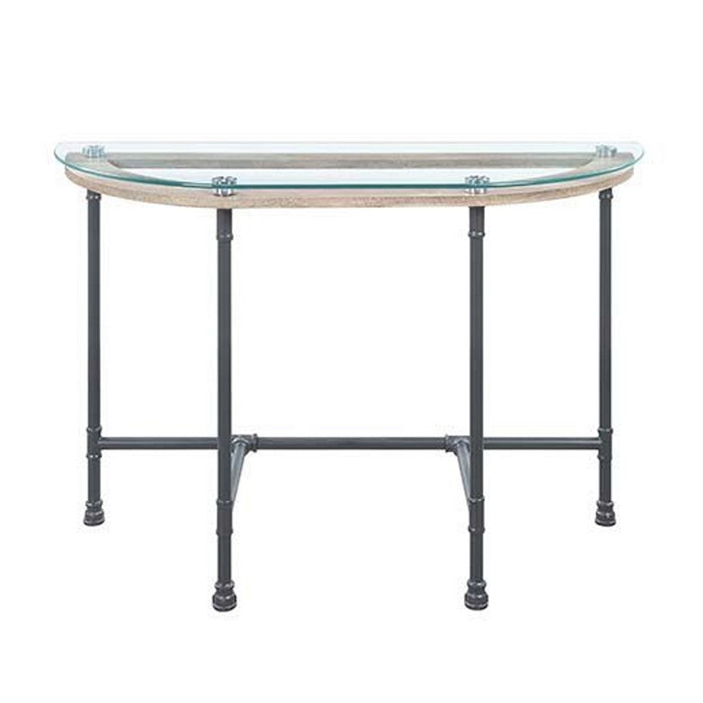 Wood Side Table Oval Tempered Glass Top Metal Pipe Style Legs Clear Glass Sandy Gray By Casagear Home BM251159