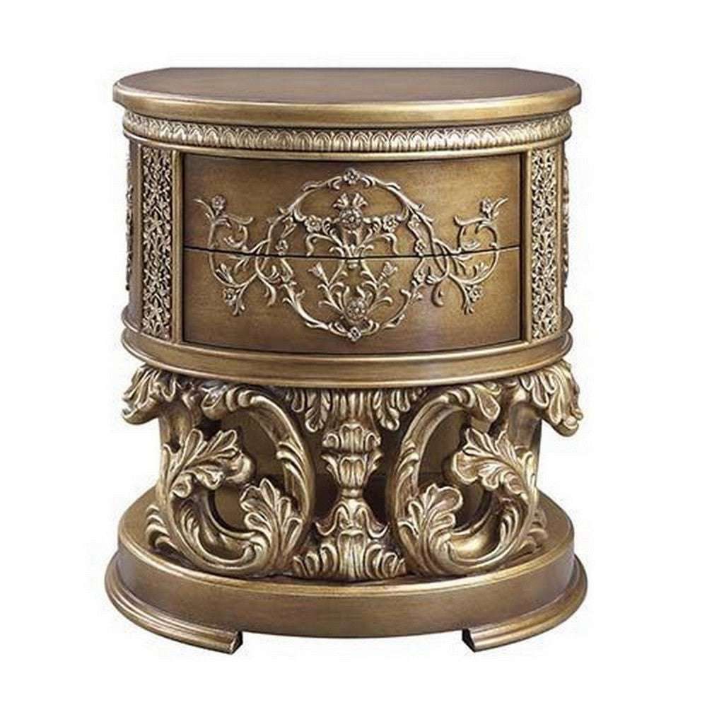 Nightstand with Scrolled Carvings and Half Moon Shape Antique Gold By Casagear Home BM251166