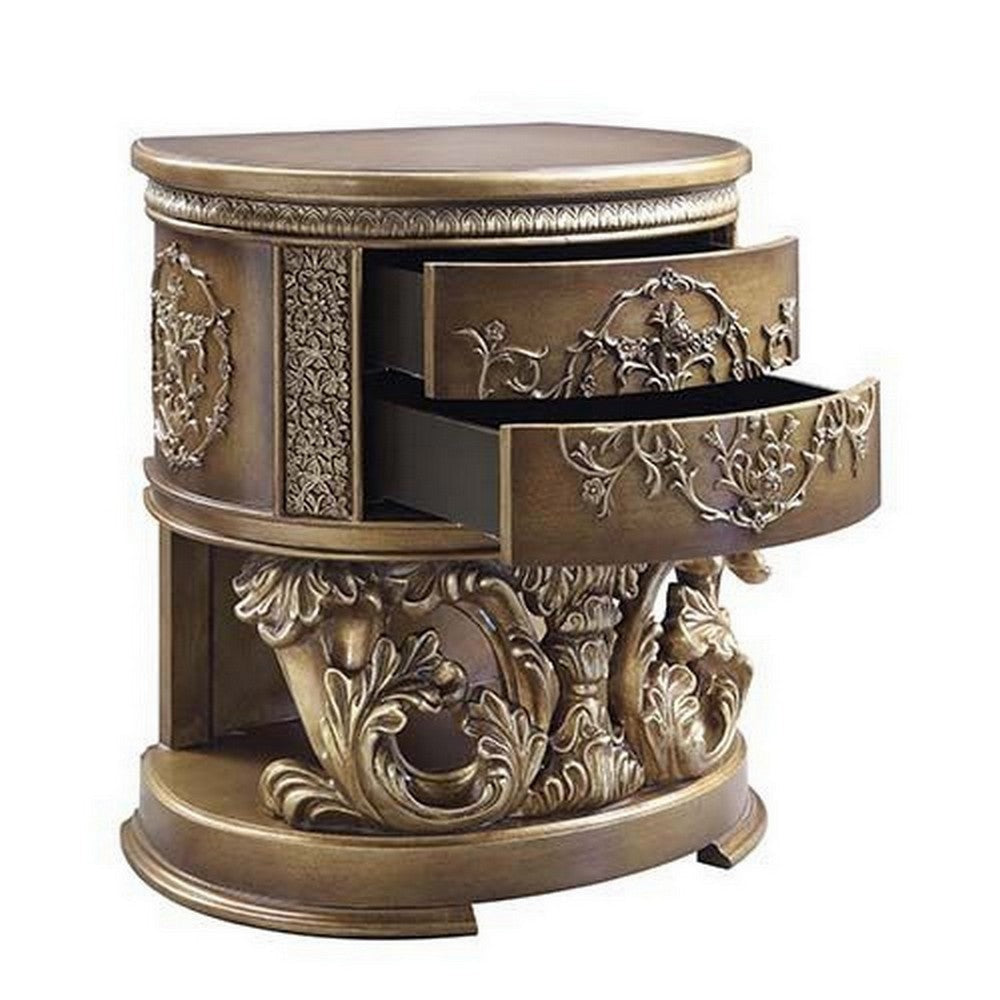 Nightstand with Scrolled Carvings and Half Moon Shape Antique Gold By Casagear Home BM251166