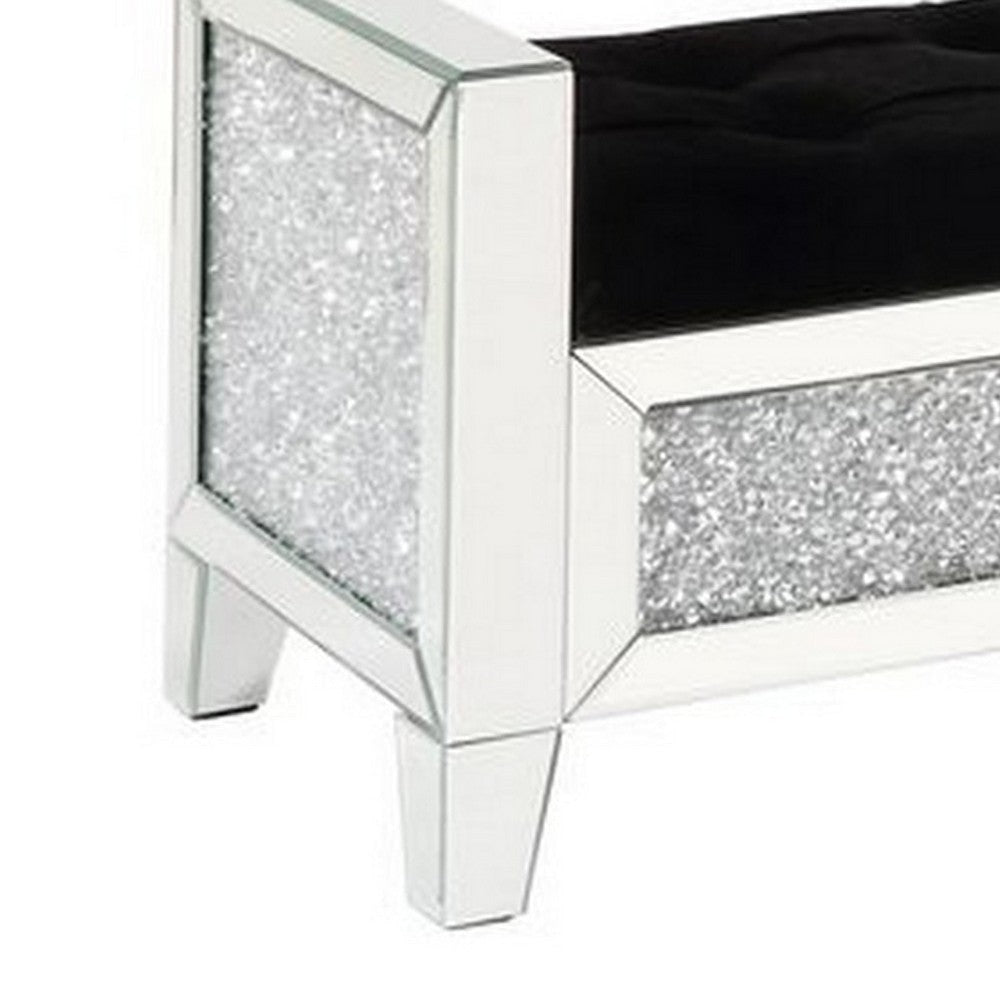 Mirrored Bench with Faux Diamonds and Button Tufted Seat Silver By Casagear Home BM251175