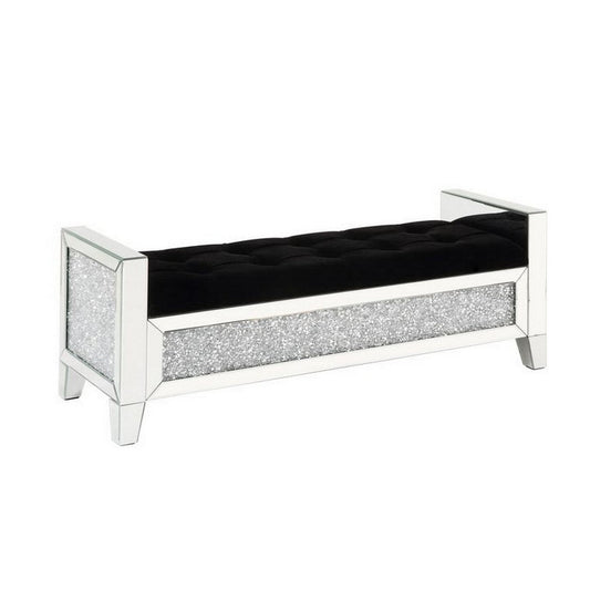 Mirrored Bench with Faux Diamonds and Button Tufted Seat, Silver By Casagear Home