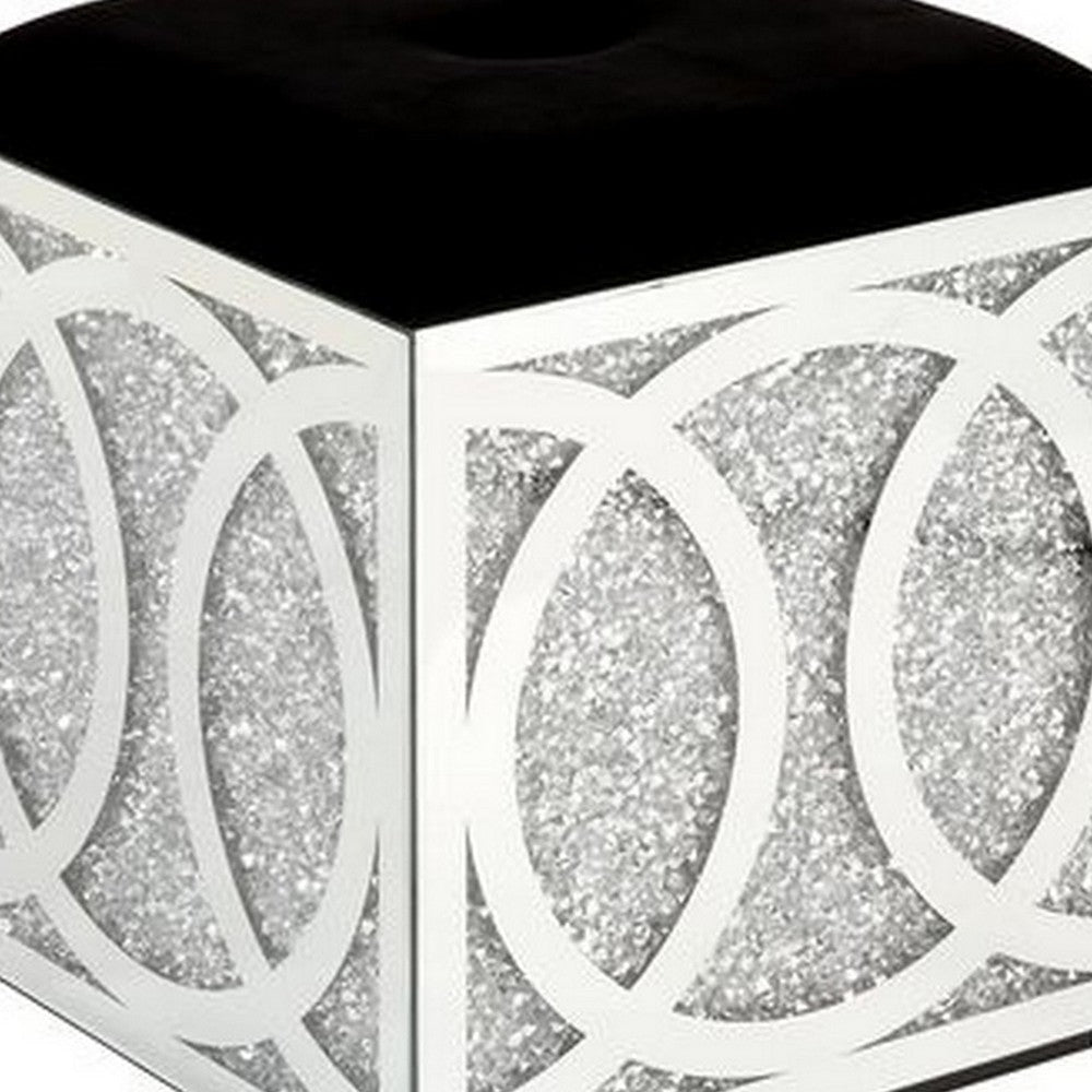 Mirrored Ottoman with Fabric Seat and Faux Diamonds Silver By Casagear Home BM251177