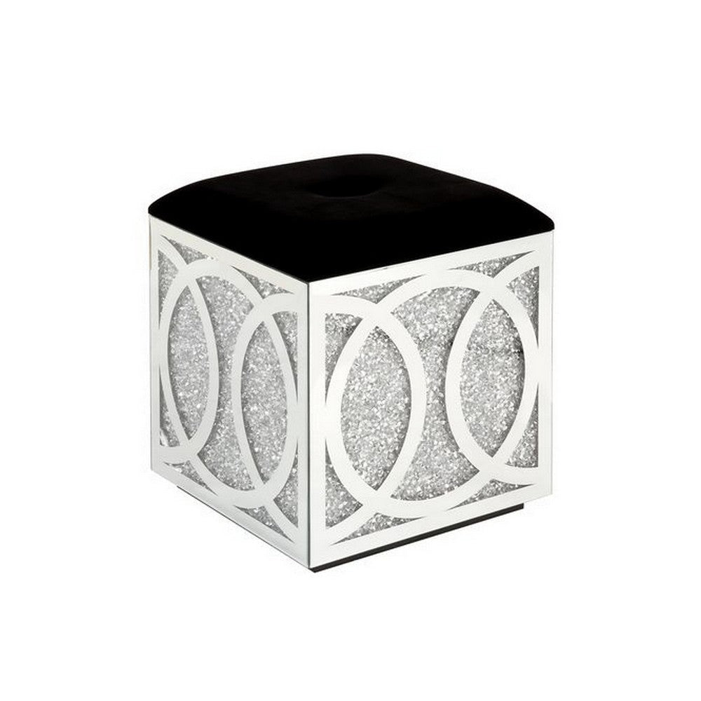 Mirrored Ottoman with Fabric Seat and Faux Diamonds, Silver By Casagear Home