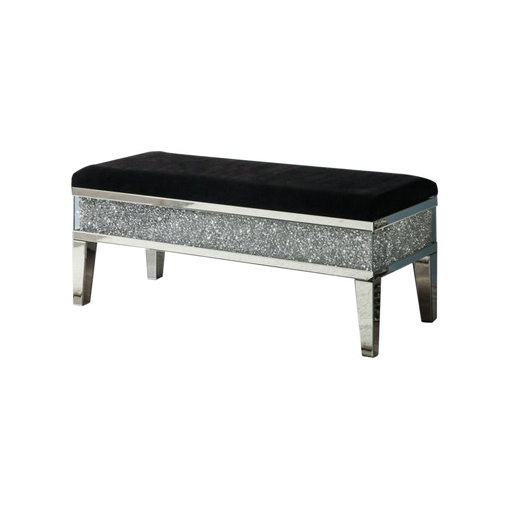 Mirrored Bench with Fabric Seat and Faux Diamonds, Silver By Casagear Home