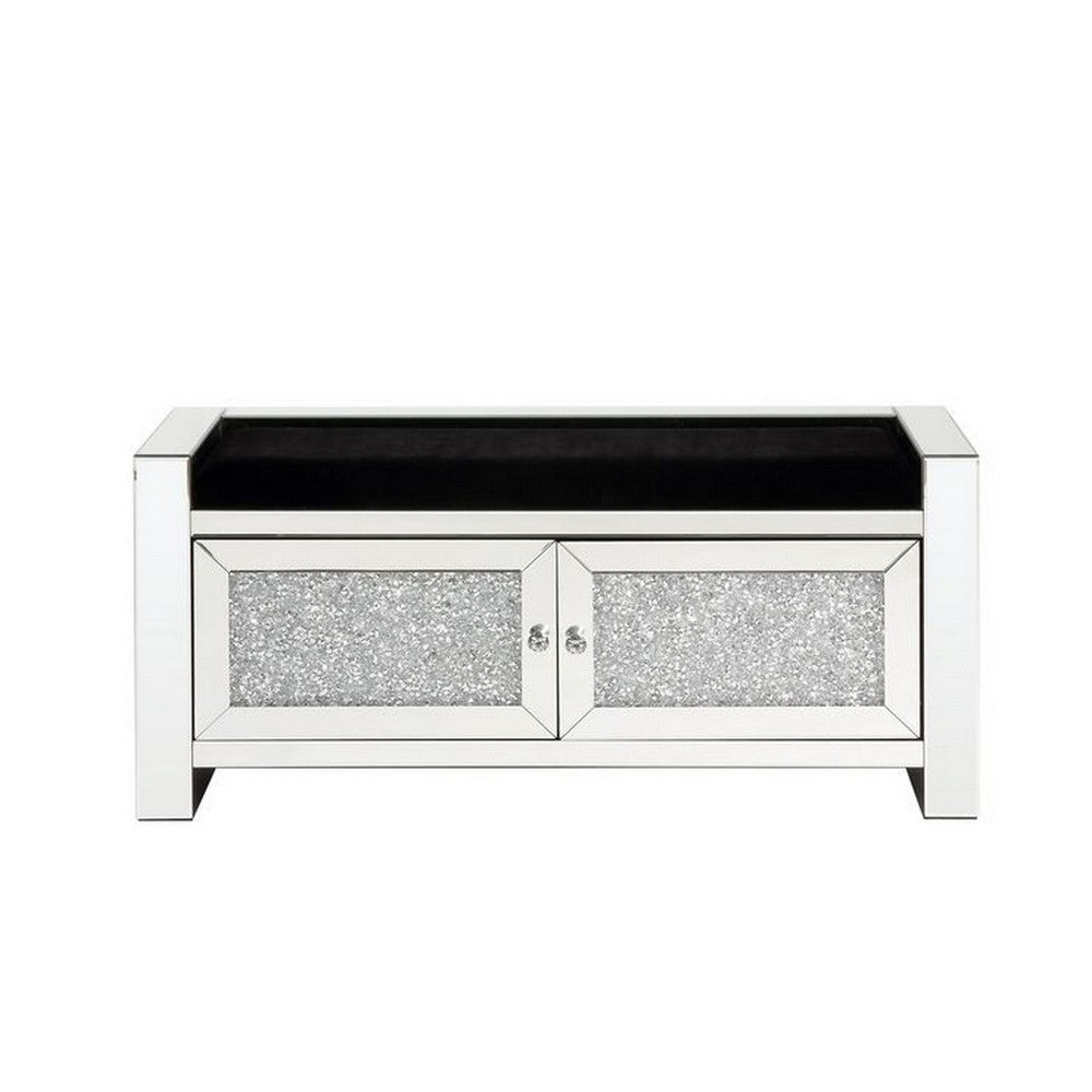 Mirrored Bench with Faux Diamonds and 2 Cabinets Silver By Casagear Home BM251188