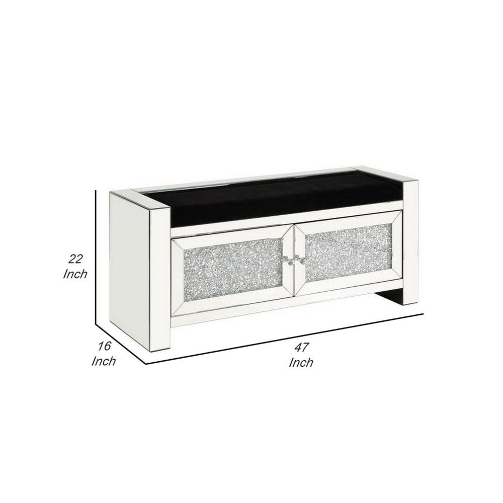 Mirrored Bench with Faux Diamonds and 2 Cabinets Silver By Casagear Home BM251188