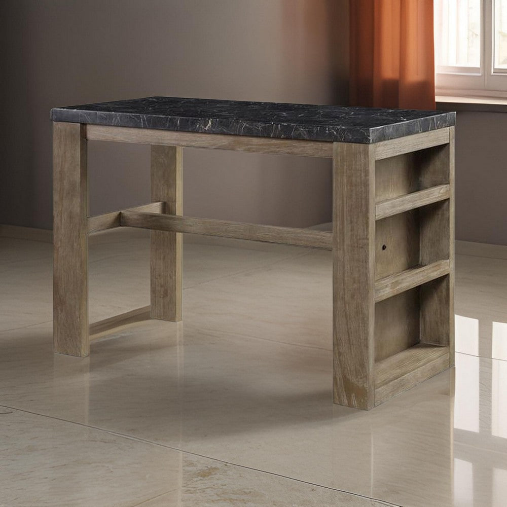 Counter Height Table with Marble Top and 3 Open Compartments Oak Brown By Casagear Home BM251189