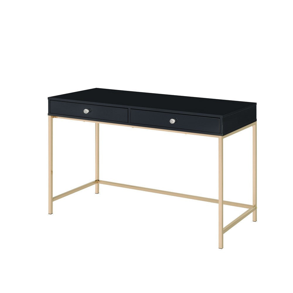 Writing Desk with 2 Storage Compartments, Black and Gold By Casagear Home