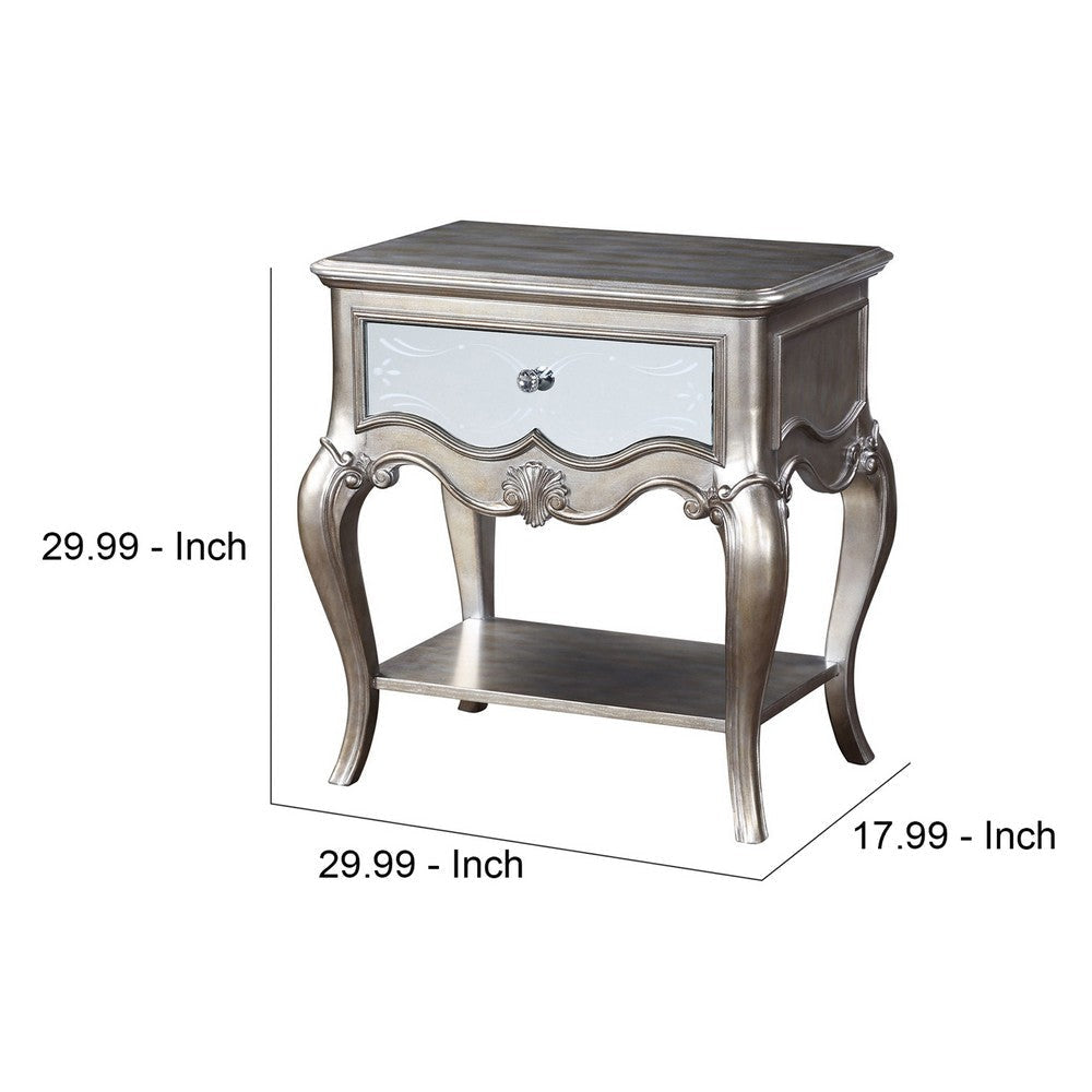 Nightstand with Mirror Panel Front and Molded Trim Antique Silver By Casagear Home BM251276