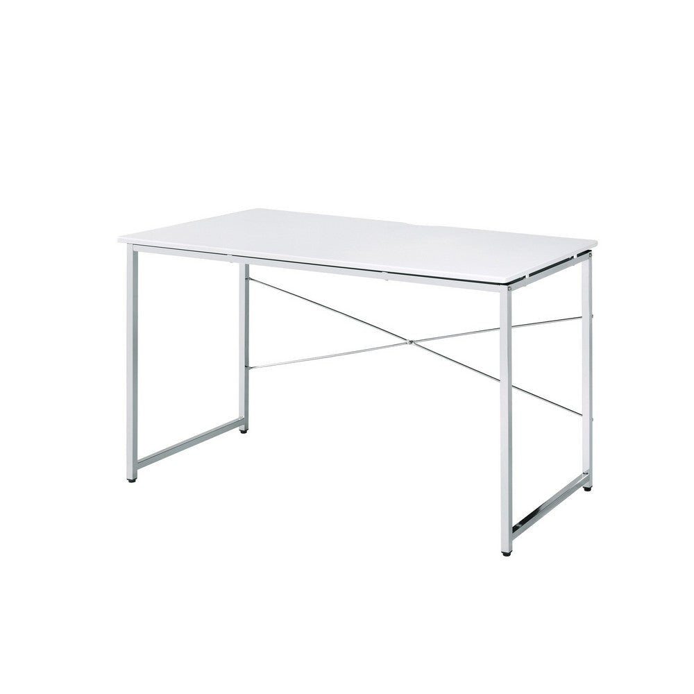 Writing Desk with X Shaped Cross Bar and Chrome Finish, White By Casagear Home