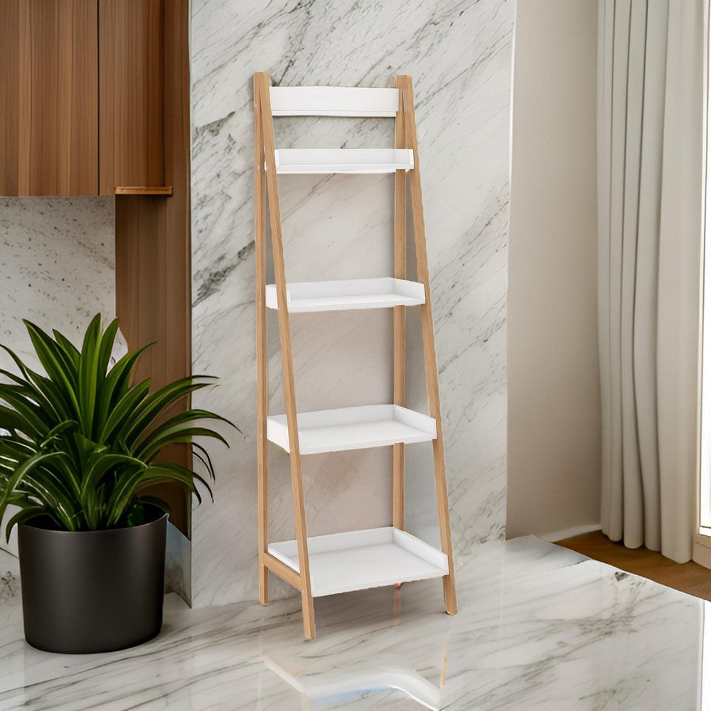 4 Tier Bookshelf with Ladder Style and Raised Edges White and Brown By Casagear Home BM252558