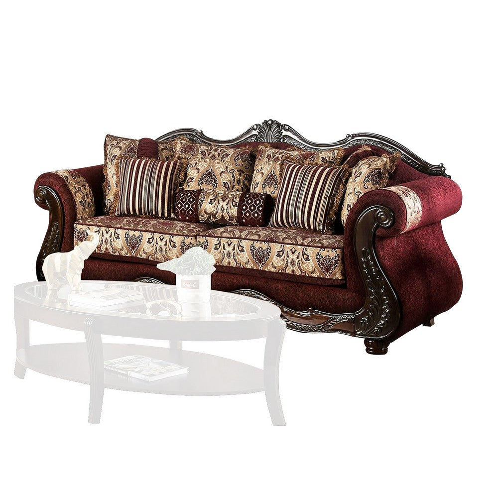 Sofa with Paisley Fabric and Ornate Details, Red and Brown By Casagear Home