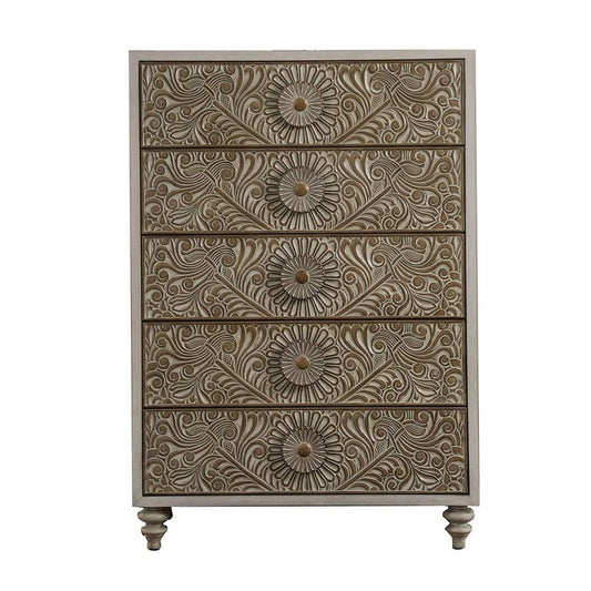 Chest with Polyresin Floral Design, Ivory By Casagear Home