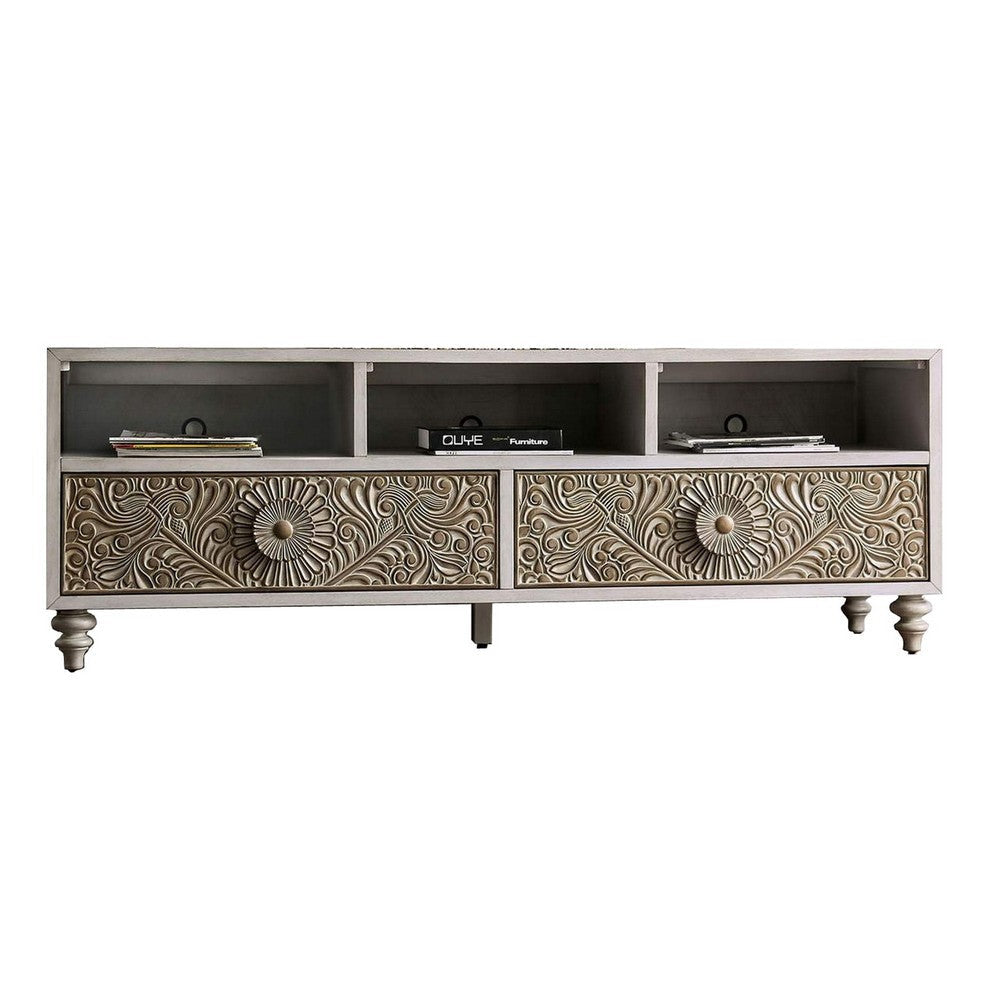 TV Stand with Polyresin Floral Design, Ivory By Casagear Home