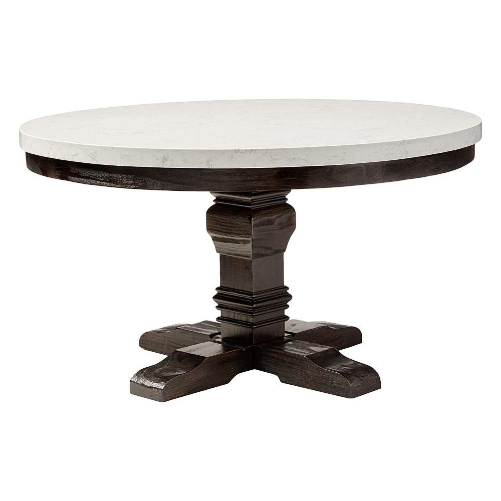 Dining Table with Marble Top and Pedestal Base, White and Gray By Casagear Home