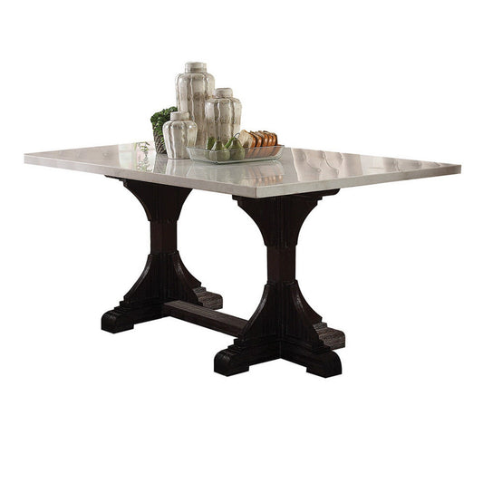 Dining Table with Marble Top and Trestle Base, Offwhite By Casagear Home