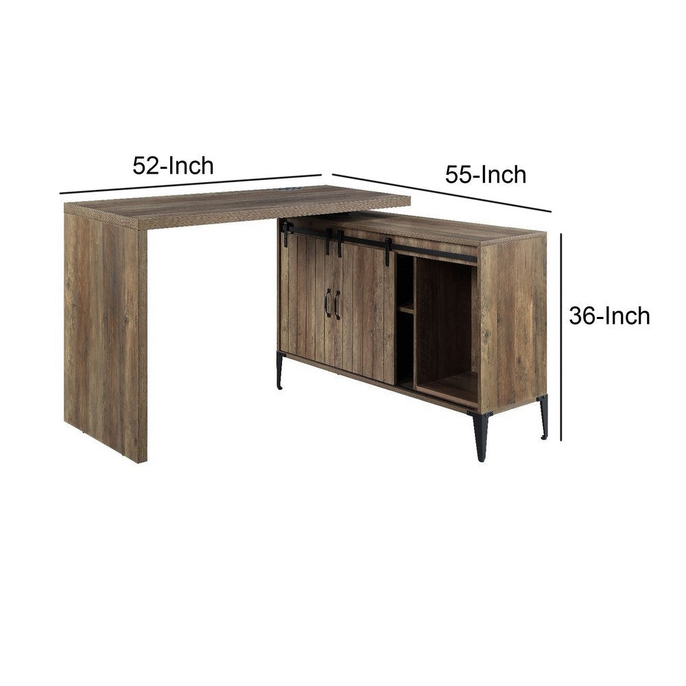 Swivel Writing Desk with Sliding Barn Door and USB Port Brown By Casagear Home BM261899