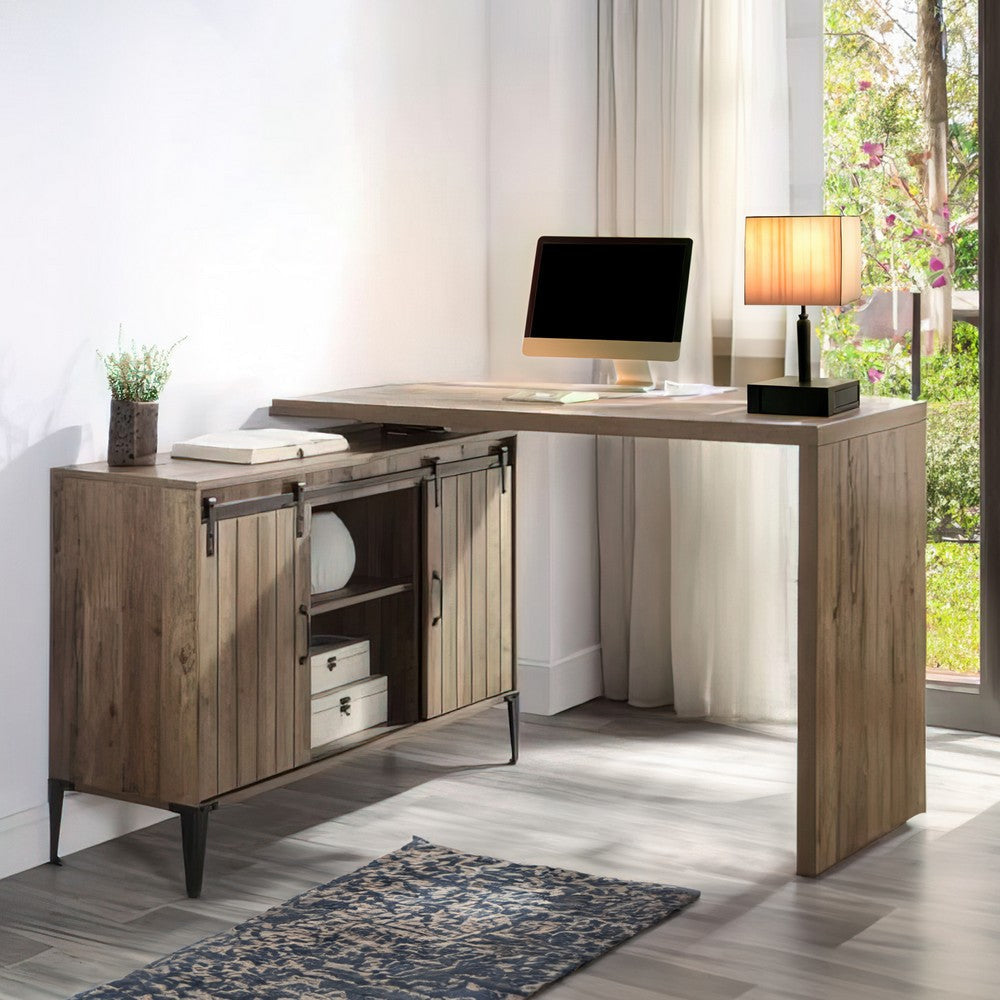 Swivel Writing Desk with Sliding Barn Door and USB Port Brown By Casagear Home BM261899