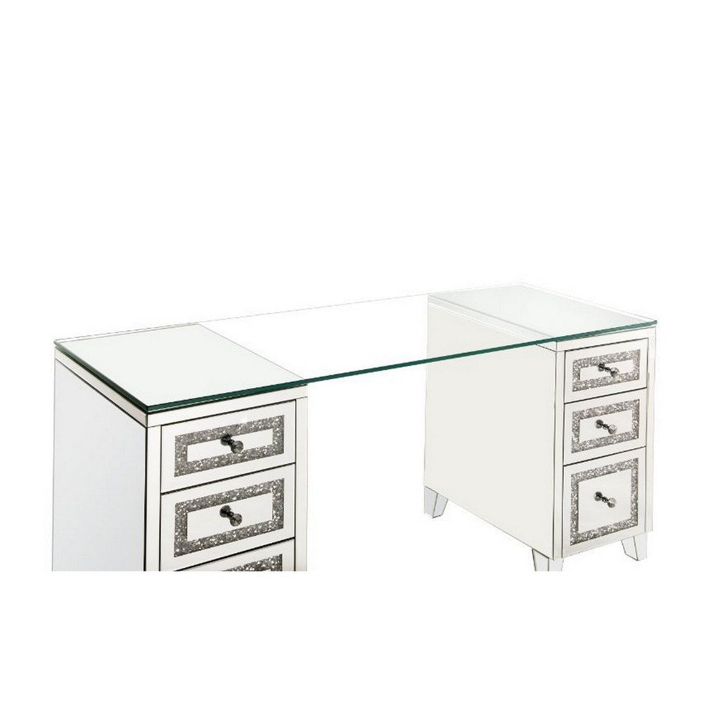 Writing Desk with 6 Drawers and Faux Diamond Inlay Silver By Casagear Home BM261966