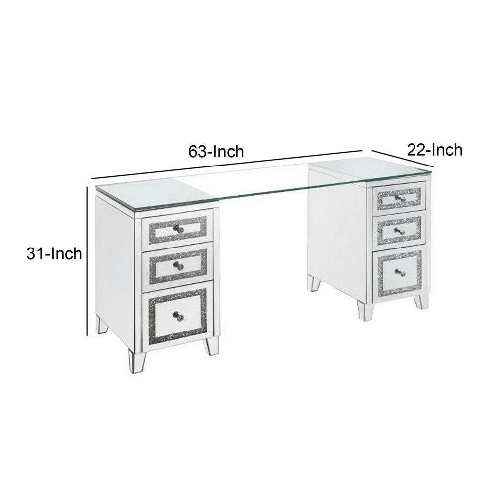 Writing Desk with 6 Drawers and Faux Diamond Inlay Silver By Casagear Home BM261966