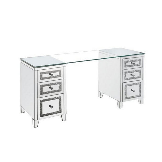 Writing Desk with 6 Drawers and Faux Diamond Inlay, Silver By Casagear Home